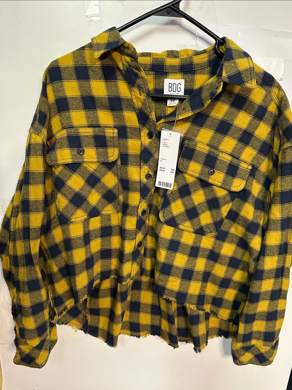 BDG Yellow and Black Plaid Button-Up Shacket size S NWT